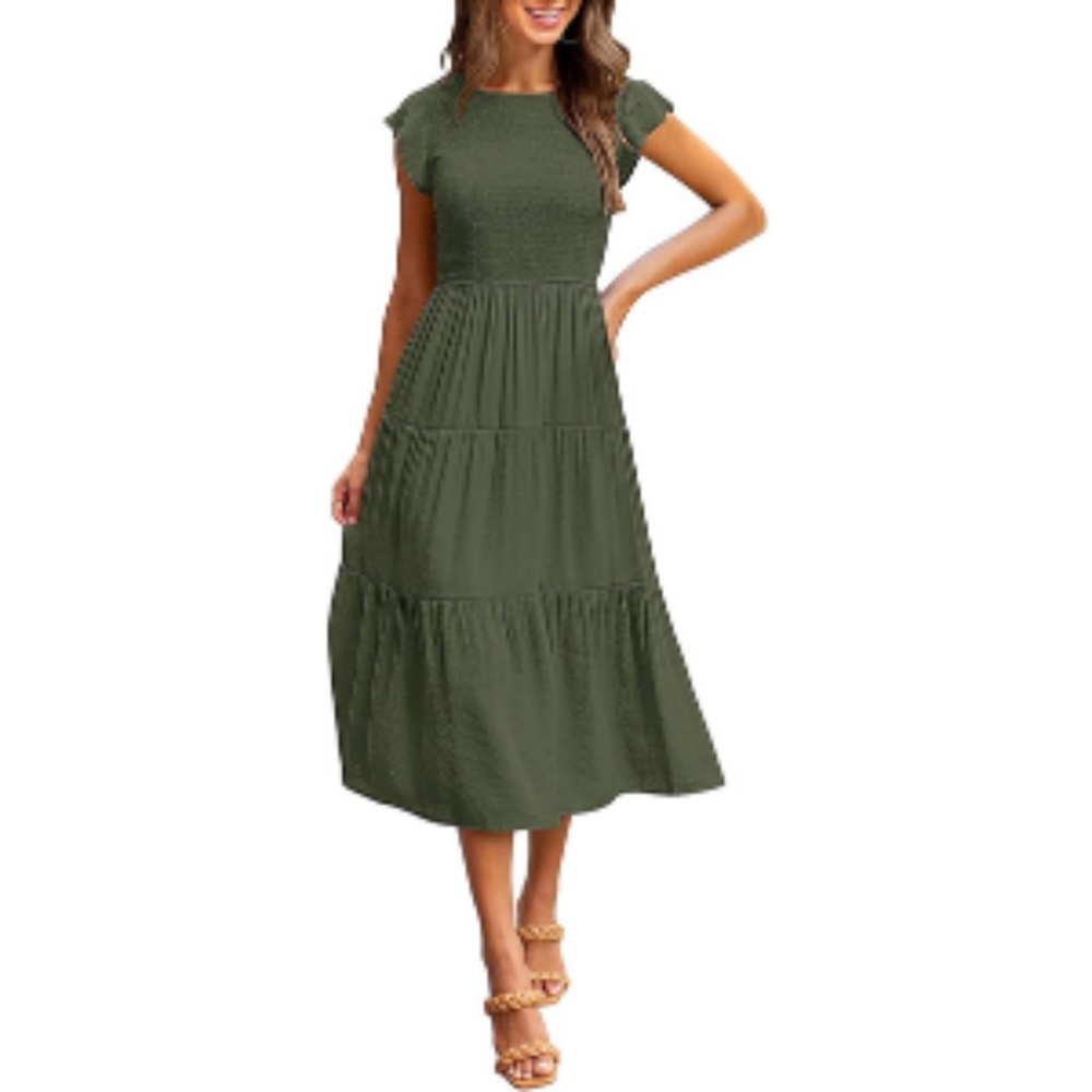 Women's Flutter Short Sleeve Smocked Midi Dress Summer Casual Tiered A-Line